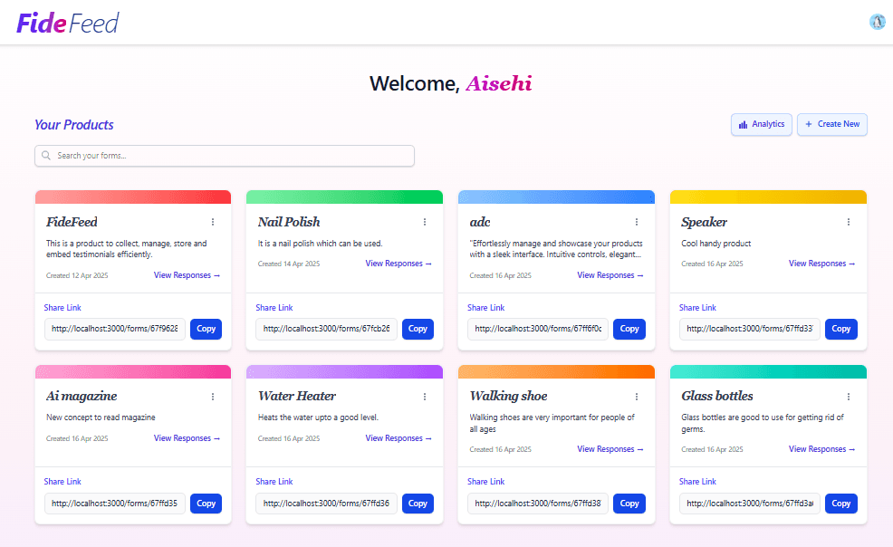 A dashboard to manage all testimonials